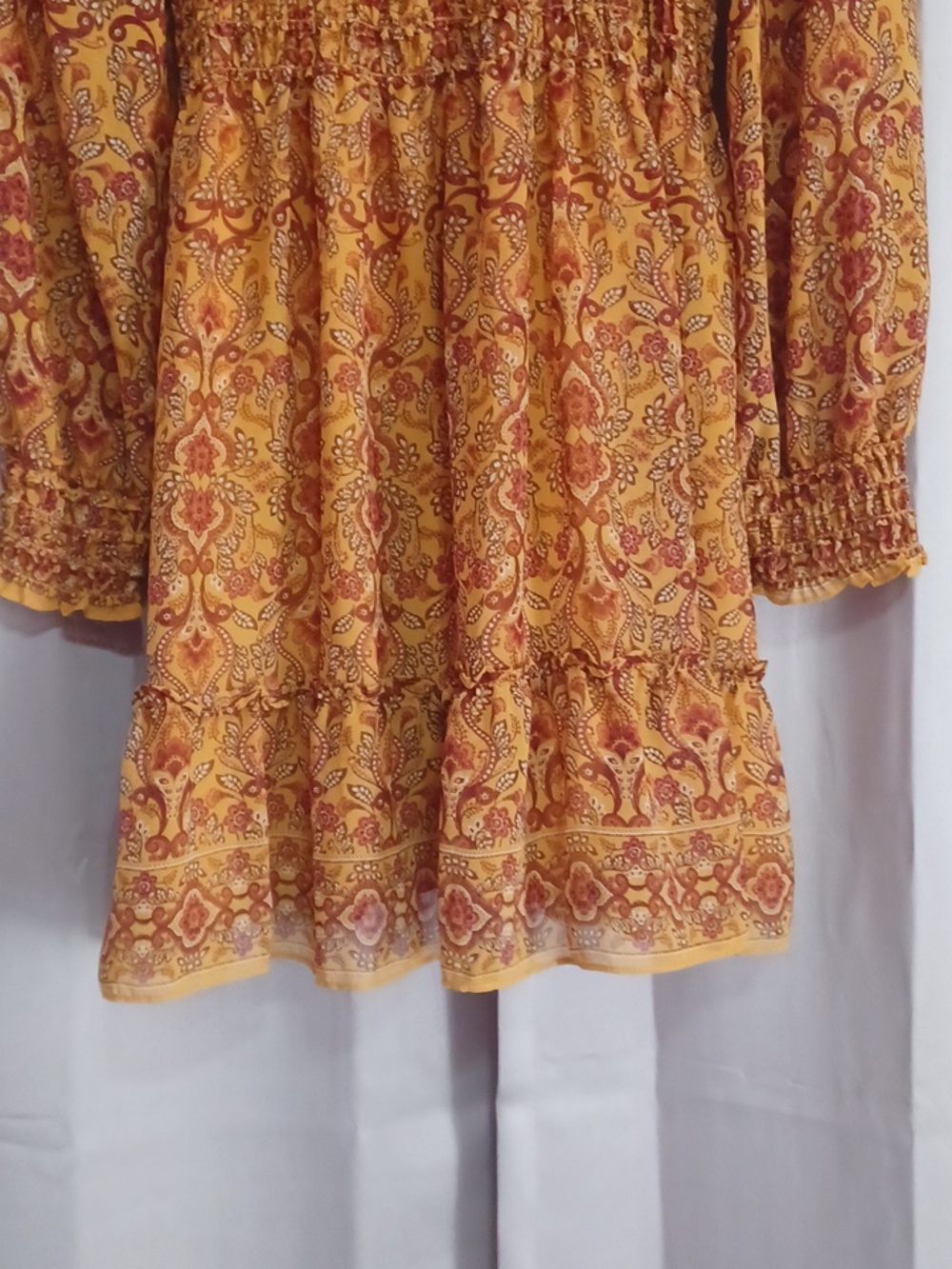Max Studio Smocked Waist Mini Dress Balloon Sleeves V-Neck Mustard Boho Size L - Picture 12 of 15